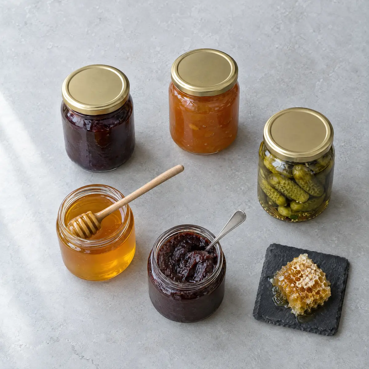 Jars of jam, pickles and honey